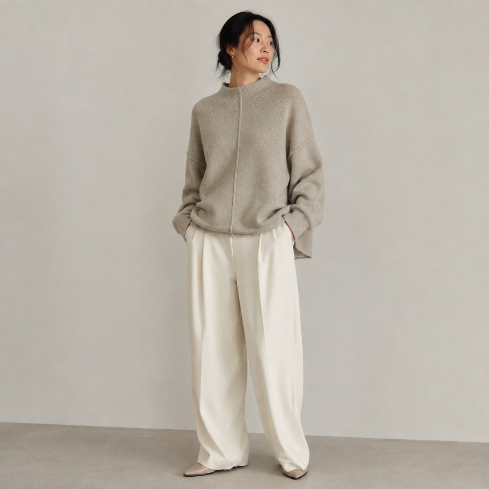 Co Beige Solid Alpaca Wool Blend Minimalist Funnel Neck Sweater, XS